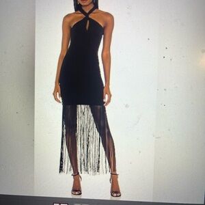 Black Fringe Halter Midi Dress